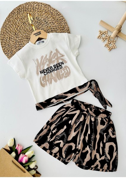 Never Been Viskon Şortlu Kız Çocuk takım - Beyazkahve