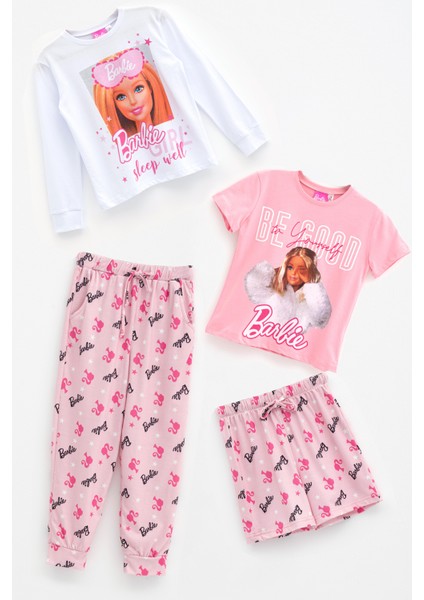 For You Kids Barbie 4'lü Tshirt Pembe Şort Pantolon Takım