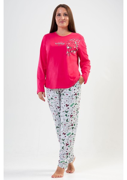 Pamuklu Kadın Büyük Beden Uzun Kol Pijama Takım , 204153