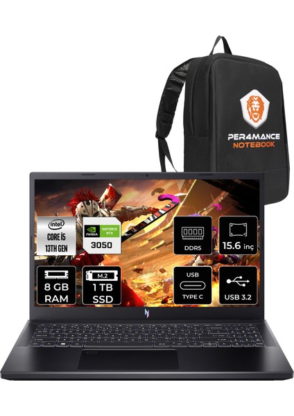 Nitro V 15 Intel Core I5 13420H 8gb 1tb SSD RTX3050/6GB 144Hz 15.6" Fhd Fdos Taşınabilir Bilgisayar NH.QNCEY.002 & Per4 Çanta NHQNCEY002P303