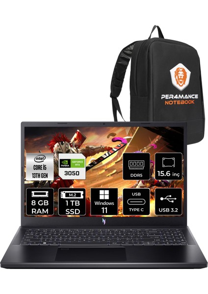 Nitro V 15 Intel Core I5 13420H 8gb 1tb SSD RTX3050/6GB 144Hz 15.6" Fhd W11P Taşınabilir Bilgisayar NH.QNCEY.002 & Per4 Çanta NHQNCEY002P383