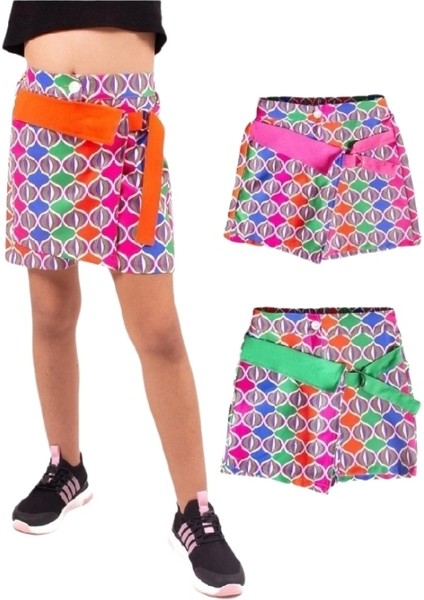 Kendinden Kemerli Desenli Renkli Kız Çocuk Şort Etek