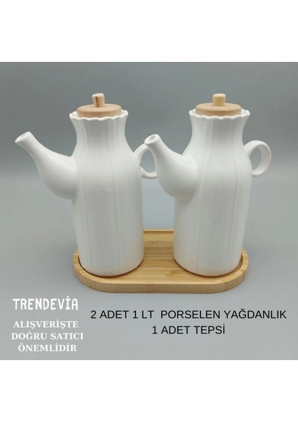 2 Adet 1 Lt Porselen Yağdanlık ve Bambu Altlık Stand Yağlık Sirkelikk