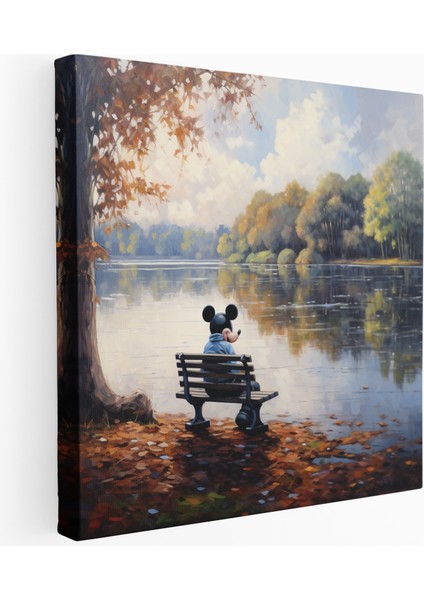 Sakin Göl Kenarı Mickey Mouse Kanvas Tablo, 30X30 cm