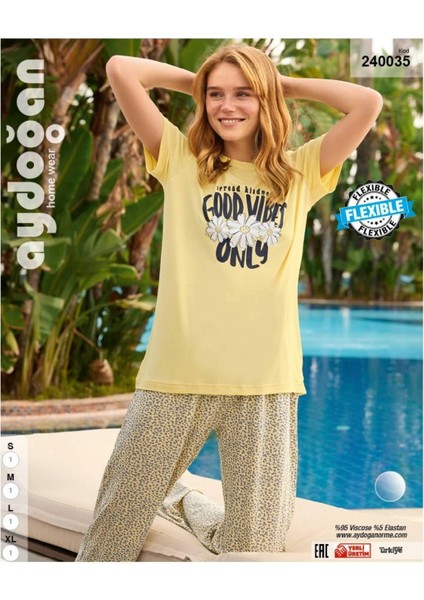 Aydoğan Homewear -Good Vibes Only- Yazılı Sarı Viskos Yazlık Pijama TAKIMI-240035