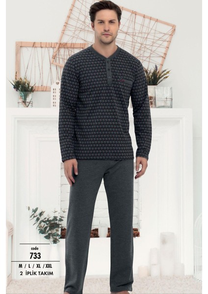 % Pamuklu Erkek Pijama Takım, Uzunkol 2 Iplik Dokuma