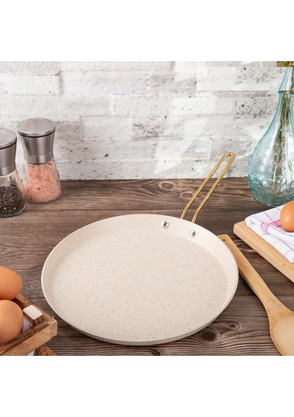 30 cm Cream Kısa Kenarlı Krep Tava, Non-Stick Krep Omlet Tavası (Çelik Çubuk Kulp)