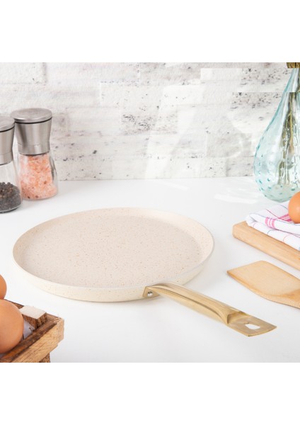 28 cm Cream Kısa Kenarlı Krep Tava, Non-Stick Krep Omlet Tavası (Çelik Boru Kulp)