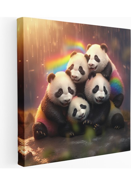 Bebek Panda Gökkuşağı Kucaklama Kanvas Tablo, 30X30 cm