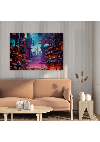 Neon Şehir Kanvas Tablo, 100X100 cm