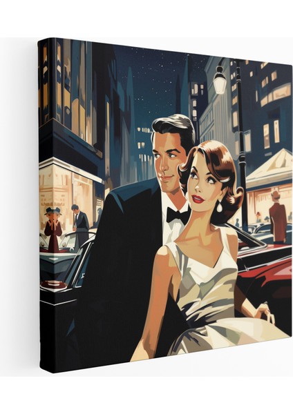 Kasabada Retro Gece Kanvas Tablo, 30X30 cm