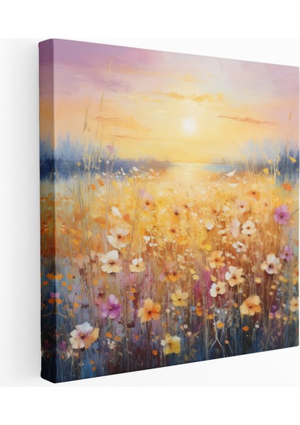 Romantik Gün Batımı Çiçek Tarlası Kanvas Tablo, 30X30 cm