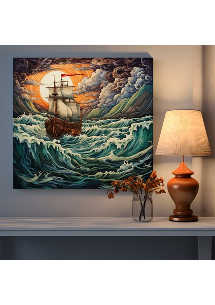 Viking Gemisi Macera Iskandinav Goblen Kanvas Tablo, 30X30 cm