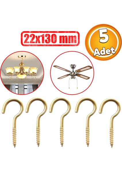 Metal Piton Vidalı Gerdirme 22X130 Çekme Kaldırma Tavan Açık Ağız Kancalı Avize Asma Kiti 5 Adet