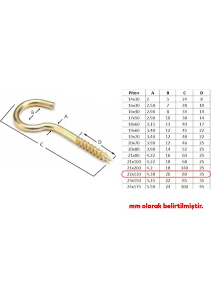 Metal Piton Vidalı Gerdirme 22X130 Çekme Kaldırma Tavan Açık Ağız Kancalı Avize Asma Kiti 5 Adet