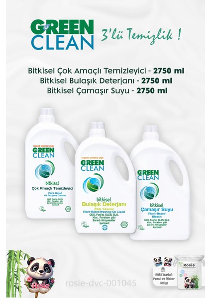 Green Clean Çok Amaçlı Temizleyici 2.75 Kg, Çamaşır Suyu 2.75 Kg, Bulaşık Deterjanı 2,75 kg ve Rosıe