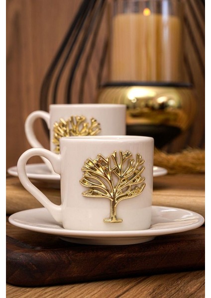 Hayat Ağacı Altın Kabartma Motif 4 Parça 2 Kişilik Kahve Fincan Takımı 100 ml