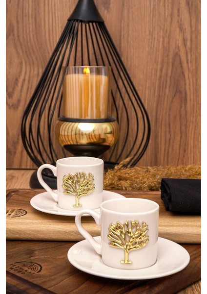 Hayat Ağacı Altın Kabartma Motif 4 Parça 2 Kişilik Kahve Fincan Takımı 100 ml