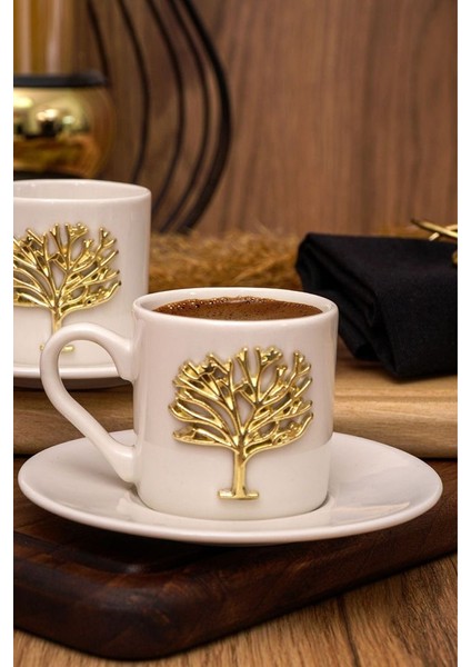 Hayat Ağacı Altın Kabartma Motif 4 Parça 2 Kişilik Kahve Fincan Takımı 100 ml