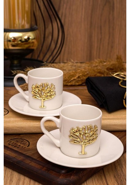 Hayat Ağacı Altın Kabartma Motif 4 Parça 2 Kişilik Kahve Fincan Takımı 100 ml