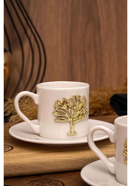 Hayat Ağacı Altın Kabartma Motif 4 Parça 2 Kişilik Kahve Fincan Takımı 100 ml