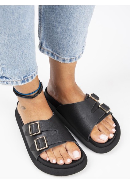 Lirio Kadın Deri Tek Bant Çift Tokalı Siyah Terlik