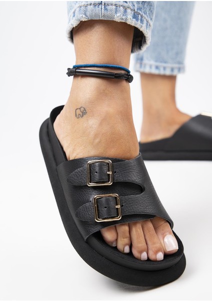 Lirio Kadın Deri Tek Bant Çift Tokalı Siyah Terlik indirimleri