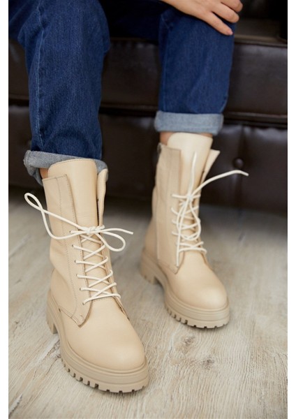 Milano Nude Hakiki Deri Bağcıklı Kadın Postal