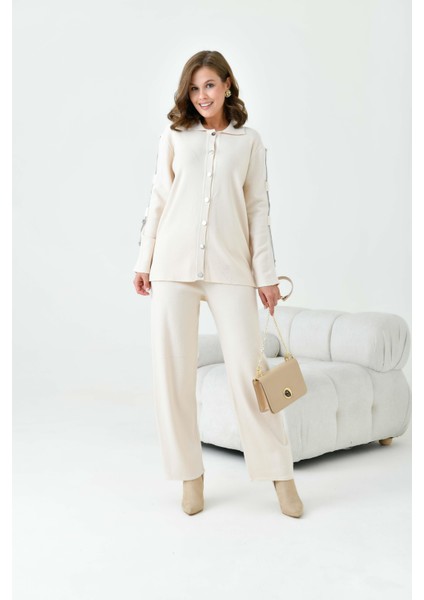 Kadın Kol Detaylı İkili Takım Ekru 20717