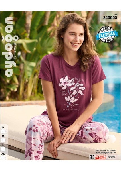 Aydoğan Gül Kurusu Çiçek Baskılı Viskos Yazlık Pijama TAKIMI-240055