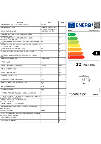 32H8500 32" 81 Ekran Dahili Uydu Alıcılı HD Ready LED TV