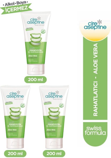 Cire Aseptine Soft Prebiyotik Aloe Vera El,Yüz Ve Vücut Kremi 200 Ml 3 Adet