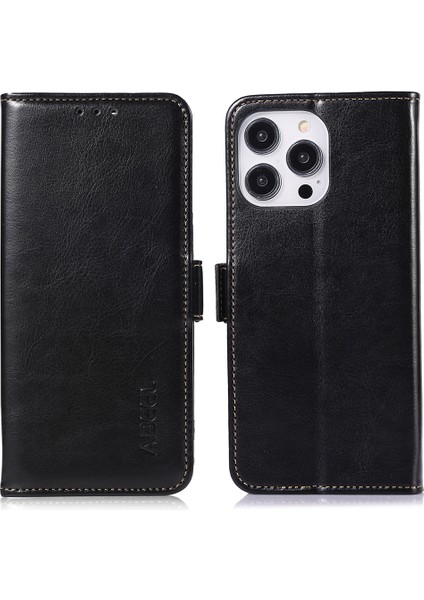 Iphone 15 Pro Max Pu Deri Kılıf Çılgın At Doku Telefon Kapağı Stand Cüzdan Black (Yurt Dışından)