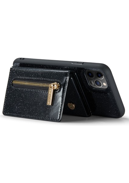 Iphone 11 Için Pro Max Shockproof 2'si 1 Arada Glitter Işıltılı Manyetik Çıkarılabilir Fermuar Cep Kapağı Kickstand Pu Deri Kaplamalı Pc+Tpu Koruyucu Telefon Kılıfı (Yurt Dışından)