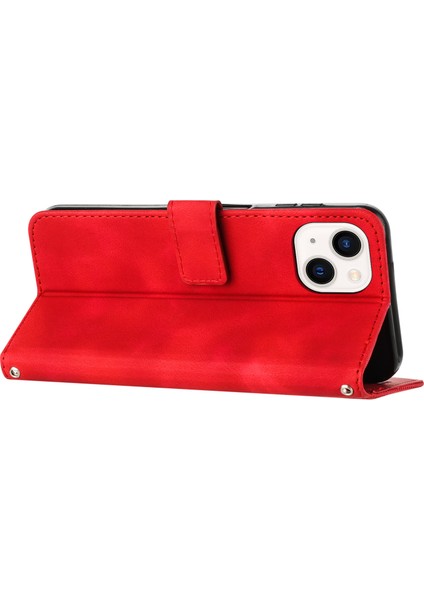 Iphone 15 Plus Için Plus Baskılı Üçgen Desen Pu Deri Telefon Kılıfı Stand Cüzdan Kapağı El Kayış Kırmızısı (Yurt Dışından)
