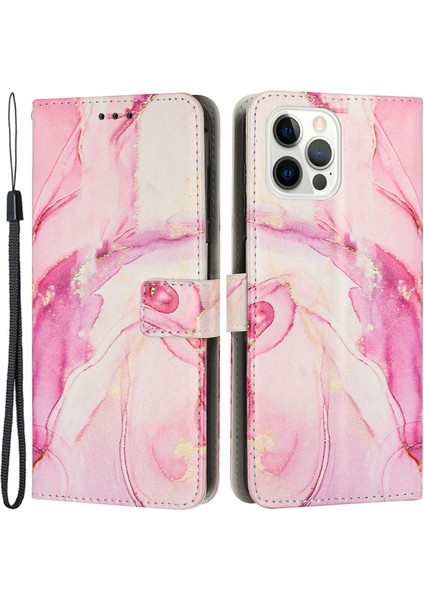 Iphone 13 Pro Telefon Kılıfı Için Mermer Desen Baskı 6.1 Inç Stand Cüzdan Pu Deri+Tpu Kılıf Strap-Rose Altın (Yurt Dışından)
