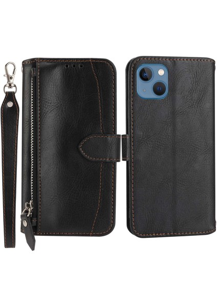 Iphone 13 Mini Telefon Kılıfı Için 5.4 Inç Anti-Güz Zipper Cep Cüzdan Kılıfı Folyo Flip Pu Deri Manyetik Cep Telefon Kapağı Standı Uzun/kısa Kayışlar Black (Yurt Dışından)