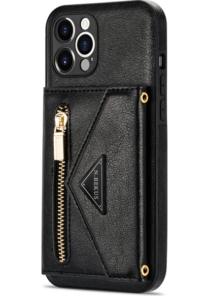 Iphone 12 Pro Kickstand Tasarım Için Zippered Cep Pu Derisi+Tpu Long Lanyard-Black ile Telefon Kılıfı (Yurt Dışından) modelleri