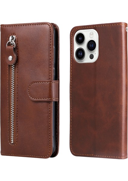 Iphone 15 Prof Pro Balf Dokusu Için Telefon Kılıfı Zipper Cep Cüzdan Katlanabilir Stand Anti-Çizelge Cep Telefonu Kapak Kahverengi (Yurt Dışından)