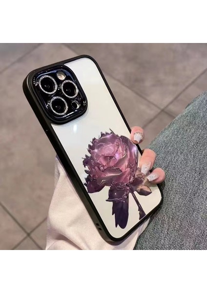 Iphone 12 Pro Phone Case Glitter Kamera Yüzüğü Için Telefon Kılıfı Crystal Gül Tpu Lens Film-Siyahı/pembe Gülle Kapak (Yurt Dışından)