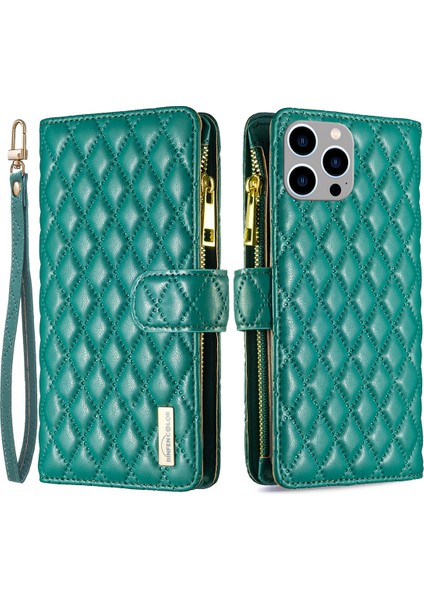 Iphone 15 Pro Fermuar Cep Flip Case Cüzdan Telefon Stand Kabuk Deri Kapak Yeşil (Yurt Dışından)
