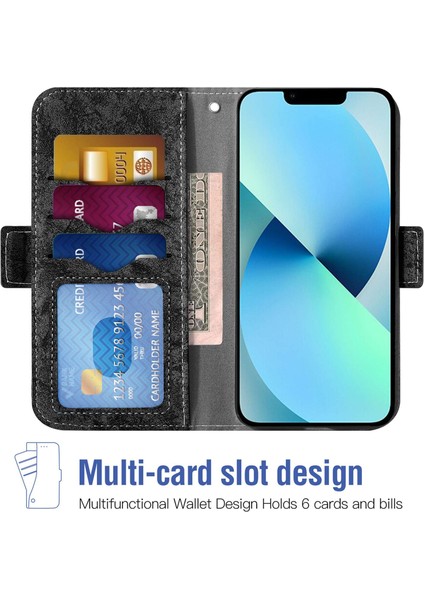 Iphone 13 Mini Telefon Kılıfı Için 5.4 Inç Su-Mürekkep Boyama Doku Pu Deri Stand Cüzdan Kapağı Dönen Kart Yuvaları Black (Yurt Dışından)