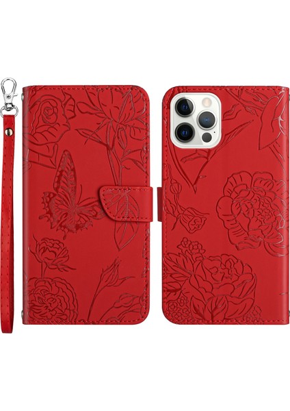 Iphone 13 Pro Max Telefon Kılıfı 6.7 Inç Kelebekler Baskılı Şok Geçirmez Kılıf Deri Touch Pu Deri Cüzdan Stand Telefon Koruyucu Anti-Drop Folio Flip Kapak Kayış Kırmızısı (Yurt Dışından)