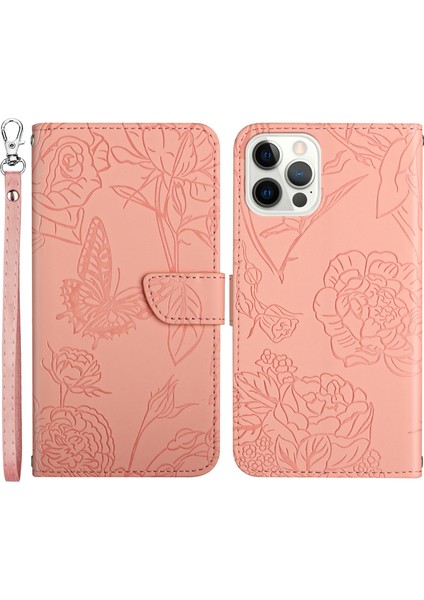 Iphone 13 Pro Max Telefon Kılıfı 6.7 Inç Kelebekler Baskılı Şok Geçirmez Kılıf Deri Touch Pu Deri Cüzdan Stand Telefon Koruyucu Anti-Drop Folio Flip Kapak Strap-Pink ile (Yurt Dışından)