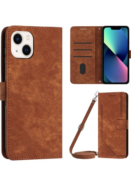 Iphone 13 Mini 5.4 Inç Pu Deri Flip Folio Vaka Çizgileri Baskılı Stand Cüzdan Telefon Kapak-Kahverengi (Yurt Dışından)