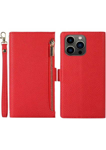 Iphone 13 Pro Max Telefon Kılıfı 6.7 Inç Zipper Cep Tasarımı Litchi Doku Telefon Kılıfı Pu Dergi Kapak Cüzdan Strap-Red ile (Yurt Dışından)