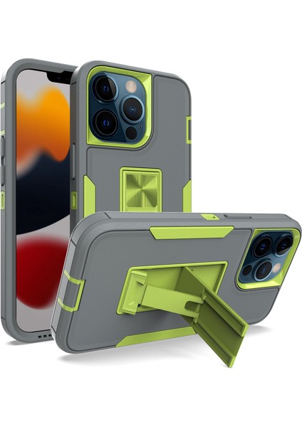 Iphone 13 Pro Telefon Kılıfı Için 6.1 Inç Şok Geçirmez Pc+Tpu Hibrit Entegre Kickstand Araba Montajı Metal Sac Case-Grey Green (Yurt Dışından)