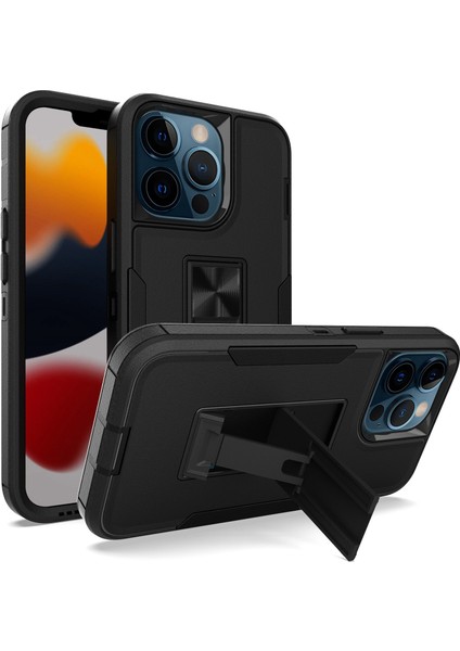 Iphone 13 Pro Telefon Kılıfı Için 6.1 Inç Şok Geçirmez Pc+Tpu Hibrit Entegre Kickstand Araba Montajı Metal Sac Case Black (Yurt Dışından)