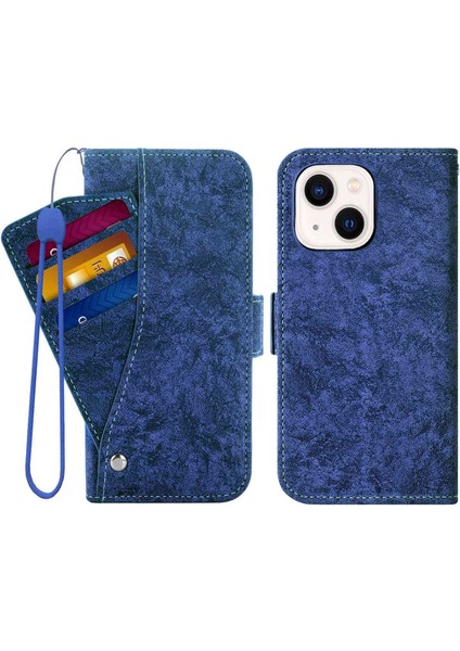 Iphone 13 Mini Telefon Kılıfı Için 5.4 Inç Su-Mürekkep Boyama Doku Pu Deri Stand Cüzdan Kapağı Dönen Kart Yuvaları Mavisi (Yurt Dışından)