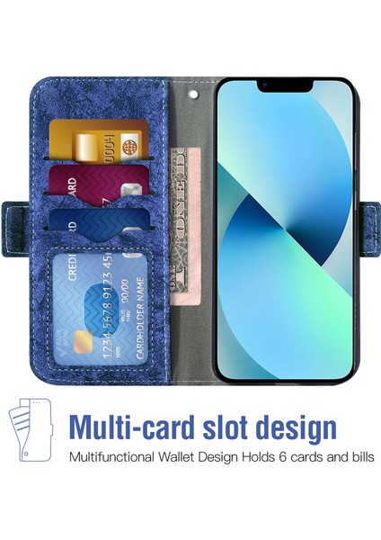 Iphone 13 Mini Telefon Kılıfı Için 5.4 Inç Su-Mürekkep Boyama Doku Pu Deri Stand Cüzdan Kapağı Dönen Kart Yuvaları Mavisi (Yurt Dışından)